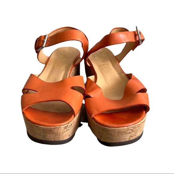 PARLANTI Italy Orange Tan Leather Platform Wedge Cork Sandals 8.5 - Picture 5 of 11